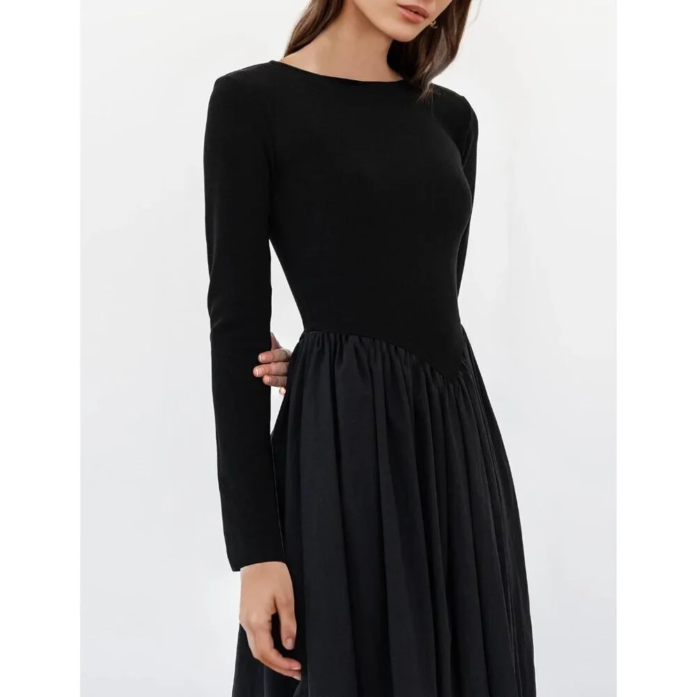 Women Maxi Dress Cotton Blend Long Sleeve Boat Neck Drop Waist Casual - Picture 4 of 5